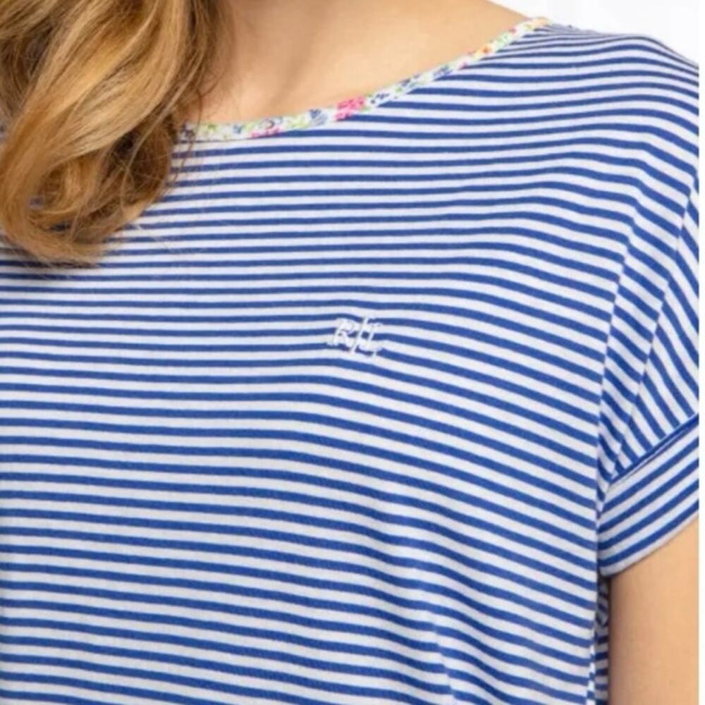 Ralph Lauren LRL Blue Striped Floral Trim Shorts/Tee PJ Set XL Embroidered Sleep - Picture 3 of 6